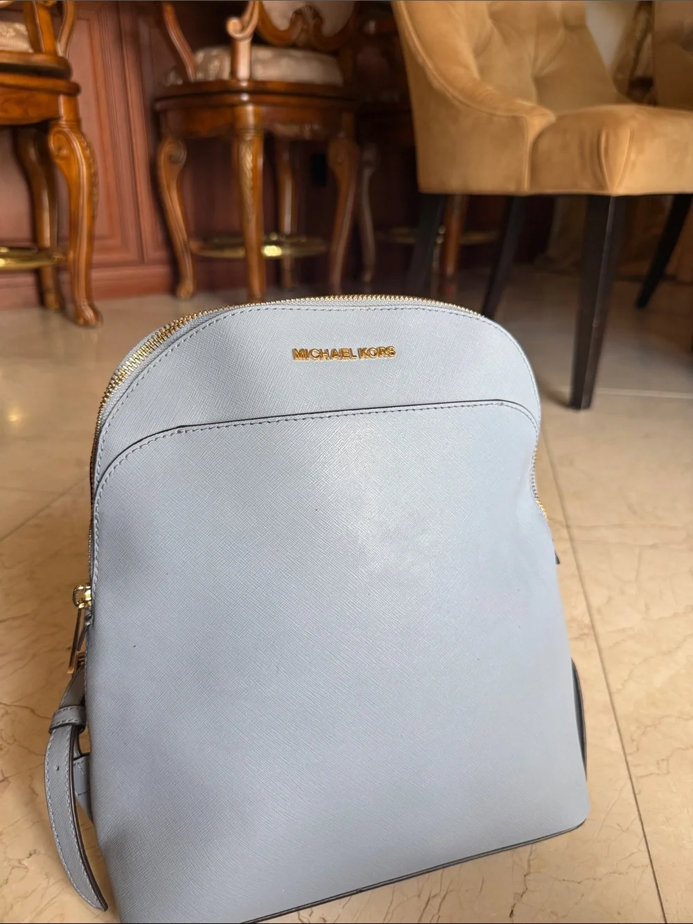 Michael Kors Pale Blue Saffiano Leather Backpack with Gold Hardware
